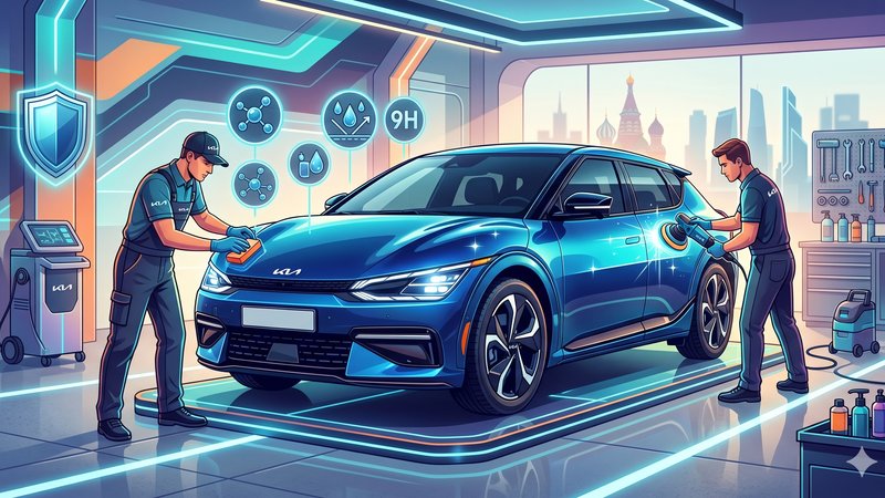 Современная иллюстрация процесса детейлинга автомобиля Kia с акцентом на защитное покрытие и эстетику