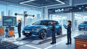 Современная иллюстрация процесса кузовного ремонта автомобиля Kia в соответствии с новыми стандартами качества.