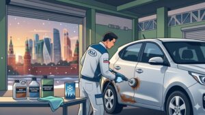 Процесс удаления ржавчины и антикоррозийная обработка кузова автомобиля Kia в сервисном центре Подмосковья