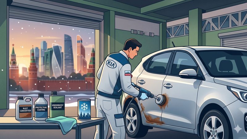 Процесс удаления ржавчины и антикоррозийная обработка кузова автомобиля Kia в сервисном центре Подмосковья